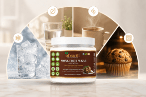 The most Versatile Monk Fruit Sweetener- OF EARTH'S monk fruit sugar with allulose | zero glycemic index, low calorie sugar substitute | easy 1:2 sugar replacement for tea, coffee, cooking & baking | plant based | keto, vegan & diabetic friendly | 100g