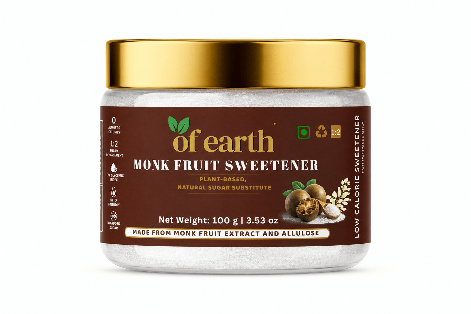 of earth monk fruit sugar with allulose | zero glycemic index, low calorie sugar substitute | easy 1:2 sugar replacement for tea, coffee, cooking & baking | plant based | keto, vegan & diabetic friendly | 100g Of Earth monk fruit sweetener with allulose | zero glycemic index, low calorie sugar substitute | easy 1:2 sugar replacement for tea, coffee, cooking & baking | plant based | keto, vegan & diabetic friendly | 100g